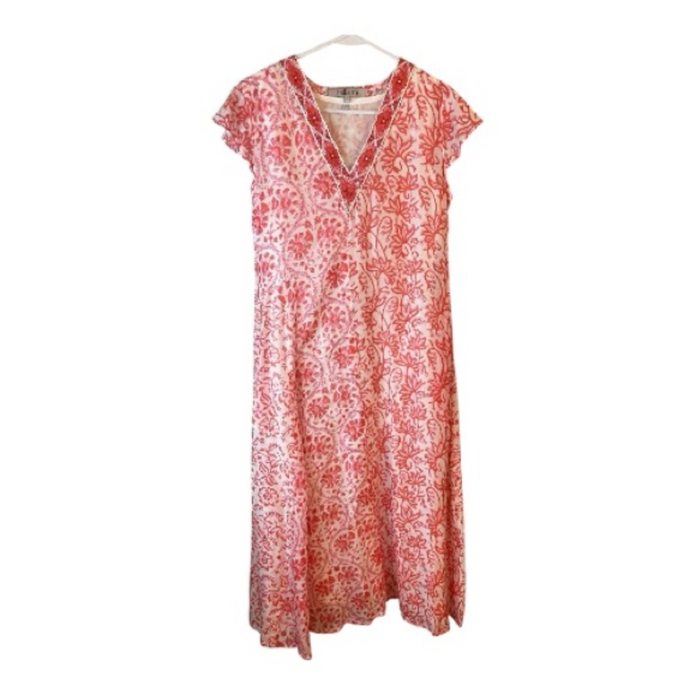 Bella Tu Floral Red pink peach and White Cotton lined Maxi Dress